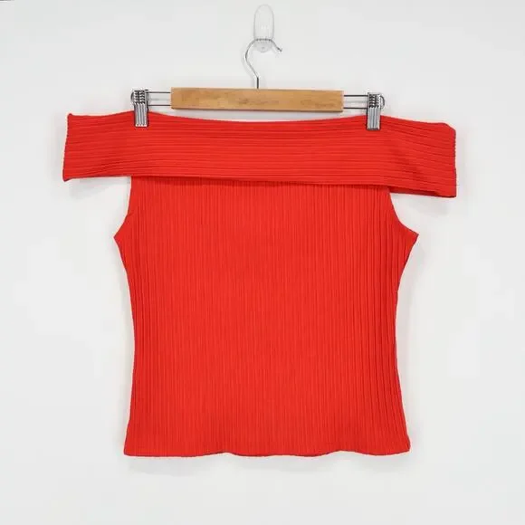 NWT Madewell Ribbed Off-The-Shoulder Top In Red Rouge Size Medium - Picture 4 of 8